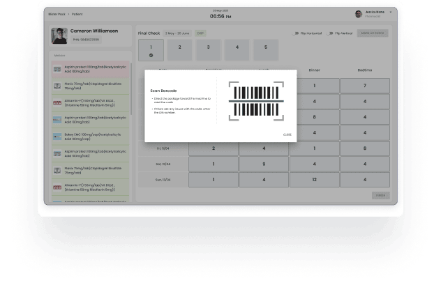 Dr.Pack barcode scanning interface for medication verification to enhance patient safety and prevent prescription errors.