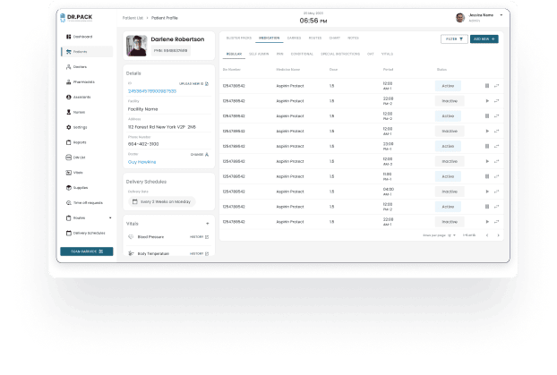 Dr.Pack digital medication consolidation dashboard promoting environmental sustainability by reducing packaging waste.