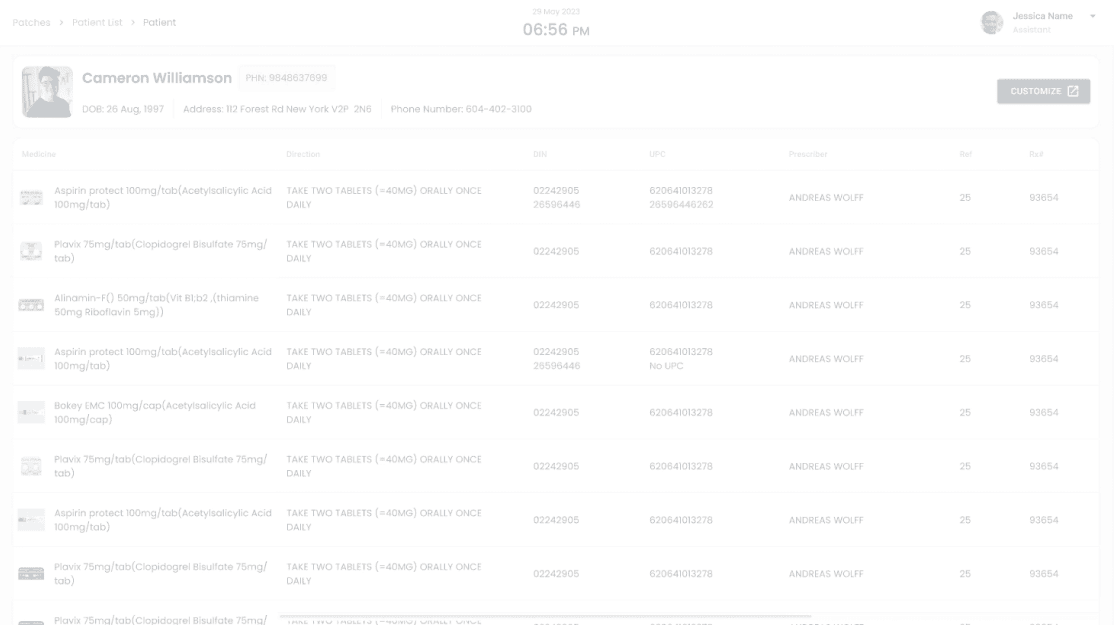 User interface dashboard of Dr.Pack pharmaceutical packaging software showing patient medication list and prescription tracking.