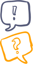 Illustrated icon of two speech bubbles (one with an exclamation mark, one with a question mark) symbolizing empowerment through education, dialogue, and customer support at MedXSol