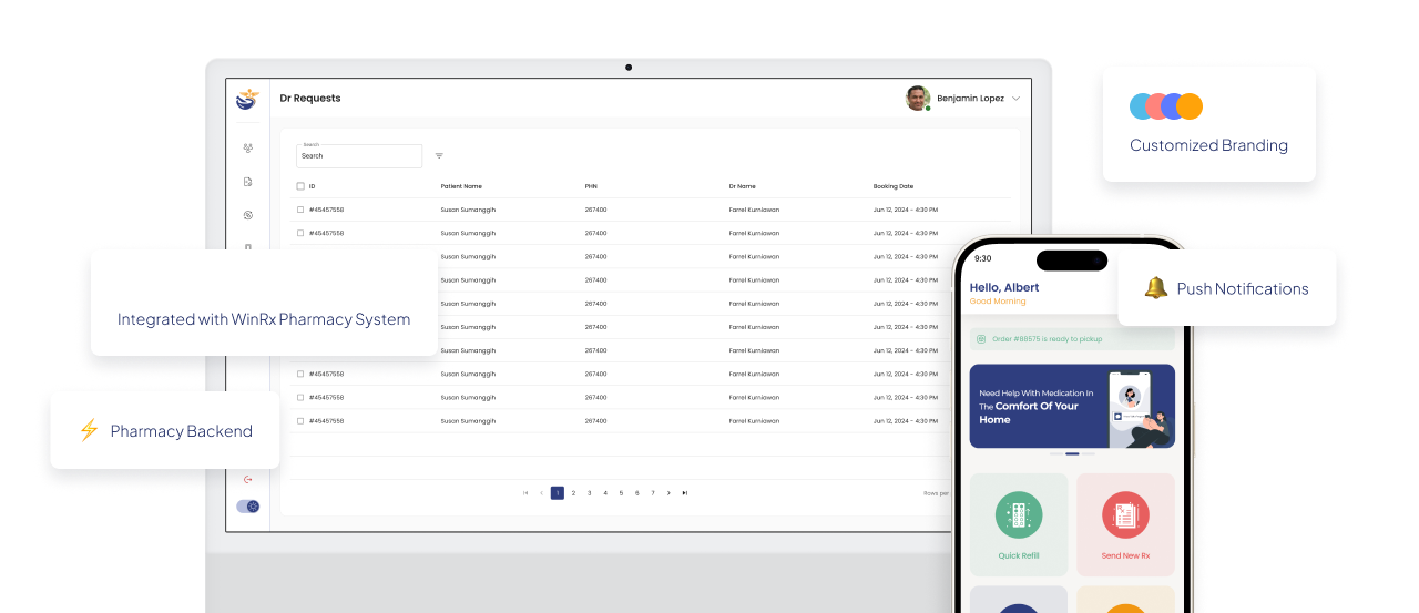 Pharmacy App interface on mobile and desktop integrated with WinRx pharmacy system featuring push notifications and customized branding.