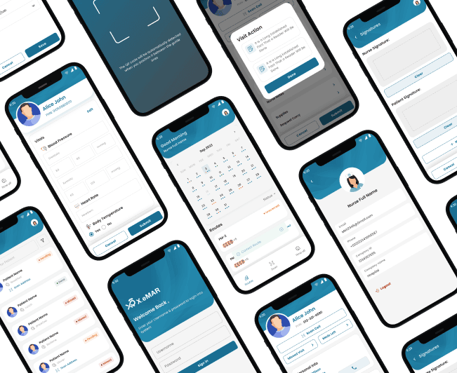 Mockup showcase of MedXSol's X.eMAR mobile application interface across multiple smartphone screens, highlighting vitals tracking, medication scheduling, and secure nursing workflows.
