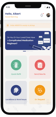 Pharmacy App mobile interface showcasing user profile, medication refill requests, and telemedicine consultation features for patients.