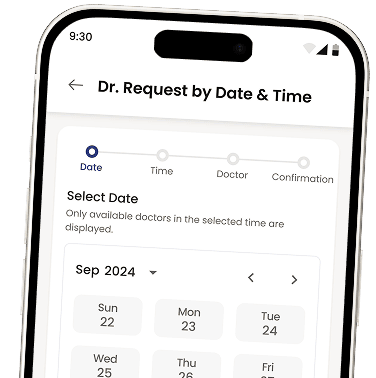Pharmacy App interface for scheduling online doctor appointments showing a date selection calendar.