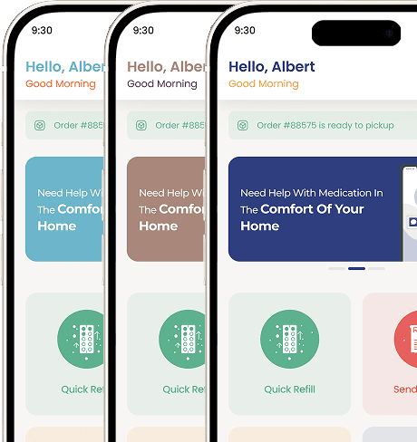 White-label pharmacy app interface with customized branding, logo integration, and personalized color schemes for pharmacies.