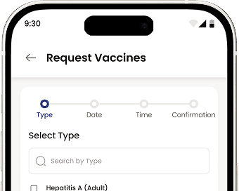 Pharmacy App interface for requesting vaccinations with service selection and scheduling.