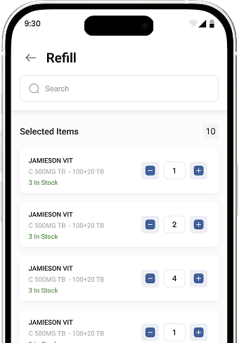 Pharmacy App medication refill interface showing prescription selection and real-time stock availability for patients.