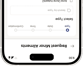 Pharmacy App interface for minor ailment consultations with service selection and scheduling.