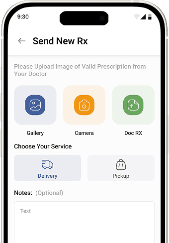 Pharmacy App interface for uploading new prescriptions via camera or gallery with delivery and pickup options.