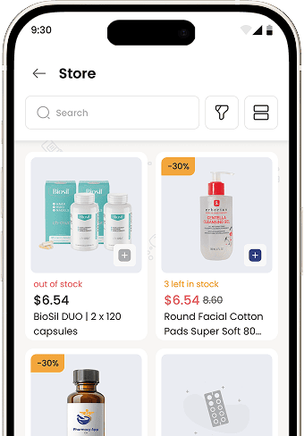 Pharmacy App e-commerce store interface featuring product categories, wellness items, and a secure shopping cart.