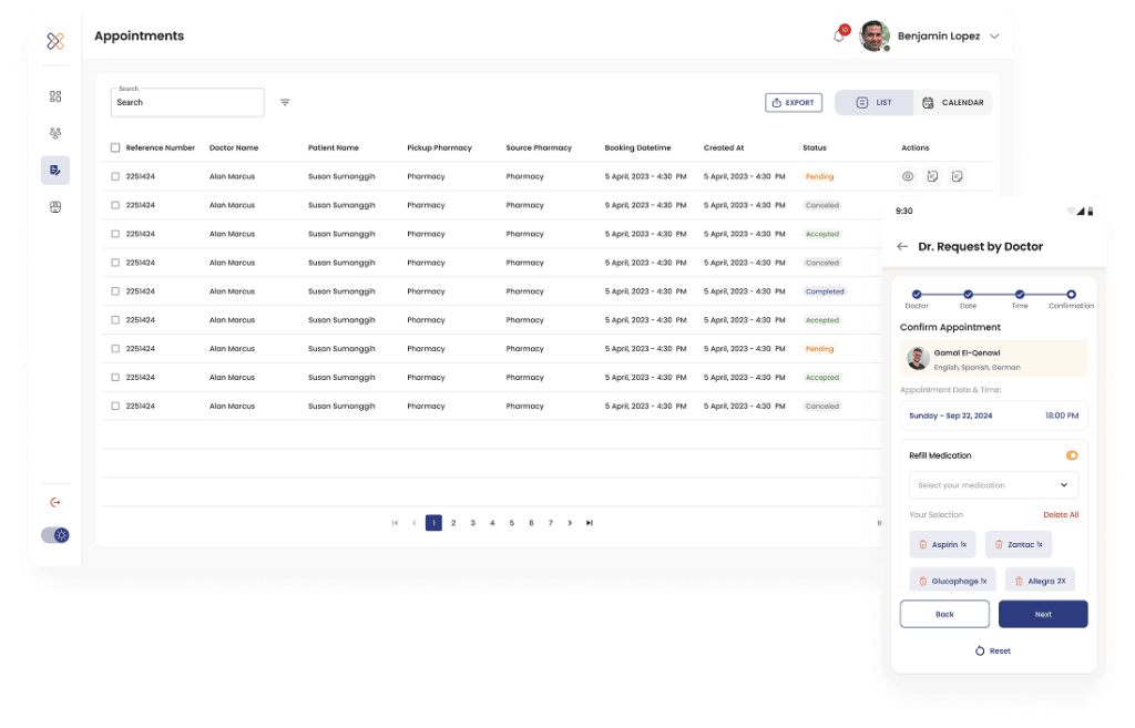 MedXLink integration showcase displaying a desktop clinic appointment dashboard and a mobile pharmacy app interface for telehealth booking.