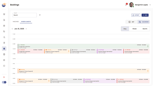 Pharmacy administration dashboard for managing doctor appointments, featuring real-time booking status tracking and patient scheduling logs.