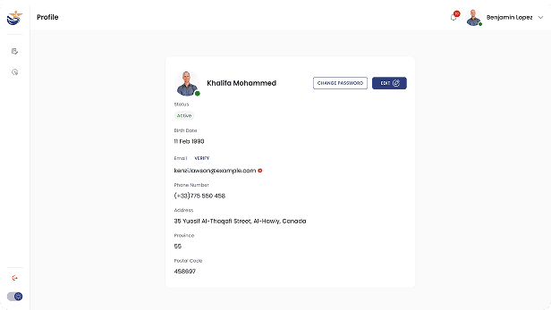 Doctor profile management dashboard for updating medical credentials, personal information, and professional photo within the Pharmacy App.