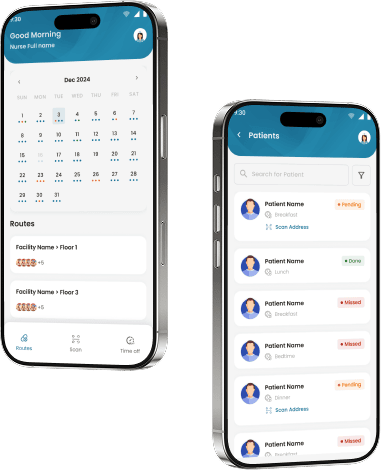 X.eMAR mobile app interface for nurses showing customized route schedules, patient lists, and real-time task status tracking.