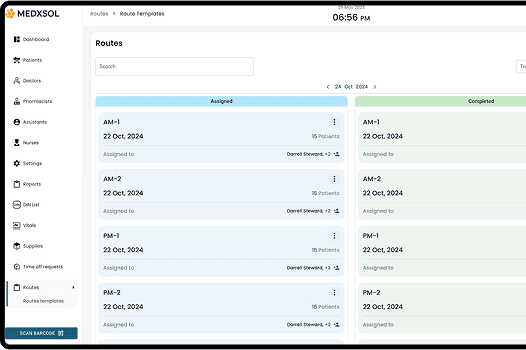 X.eMAR automated nurse route generation dashboard showing assigned and completed task templates based on facility floors.