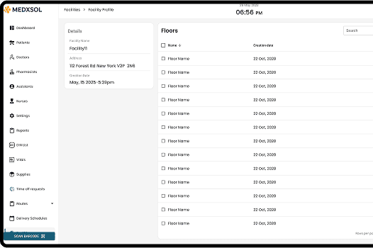 X.eMAR facility profile dashboard for managing healthcare facility structures, floors, and administrative setup.