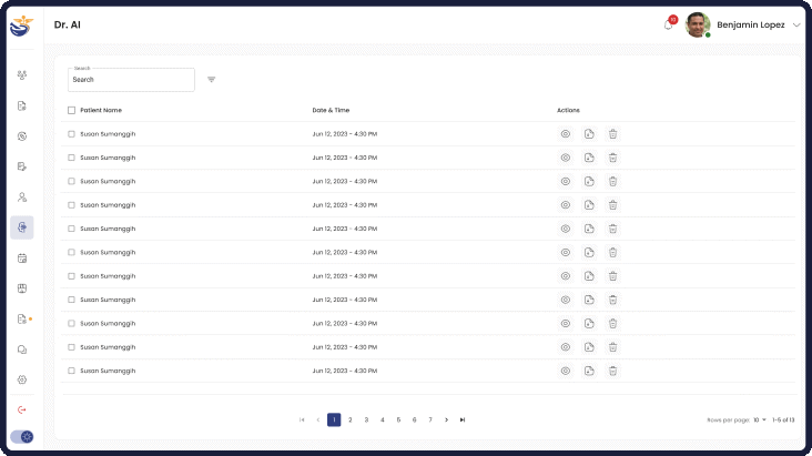 Animated overview of DRAI’s Professional Review Dashboard, showing administrator access to secure patient-AI conversation logs for quality and accuracy verification.